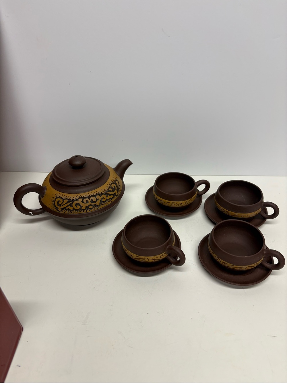 Yixing ClayTea Set Ornate Gold Tone Filigree With Gift Box